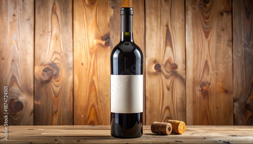 A dark, full bottle with a white label, standing on a wooden surface against a backdrop of wooden panels, with two corks beside it