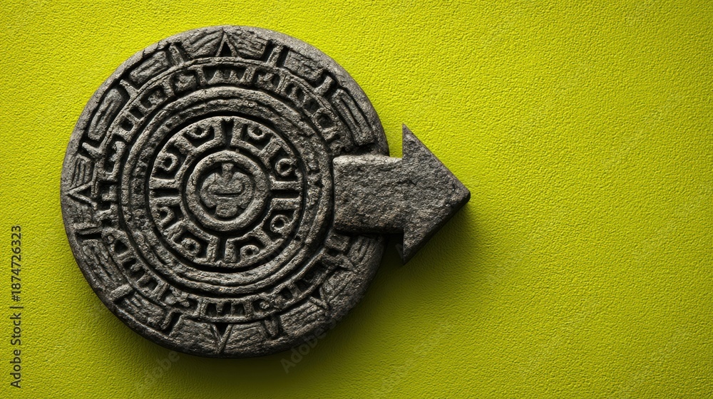 Fototapeta premium A circular stone with ancient carvings points forward, symbolizing a journey from the past towards new ideas and growth opportunities.