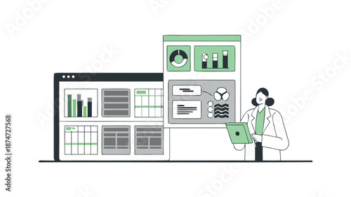 Medical professional analyzing data on a futuristic technology dashboard with charts and graphs