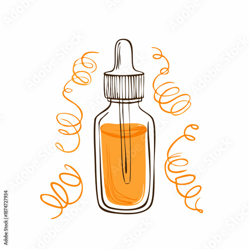 Hand-drawn illustration of a dropper bottle filled with orange liquid, surrounded by abstract orange swirls on a white background