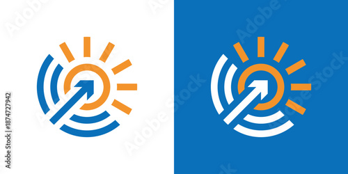 Dual meaning logo combining an arrow and sun, symbolizing direction, growth, energy, optimism, and progress toward a bright future.