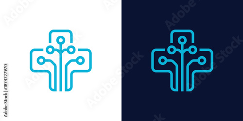 Dual meaning logo combining a plus symbol and tech circuit elements, symbolizing medical technology, innovation, connectivity, and advanced digital healthcare solutions.