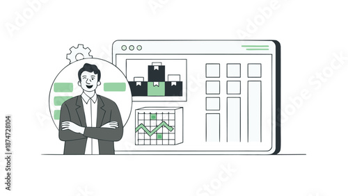 Businessman analyzes demand forecasting data on a computer screen with graphs and charts for supply chain optimization