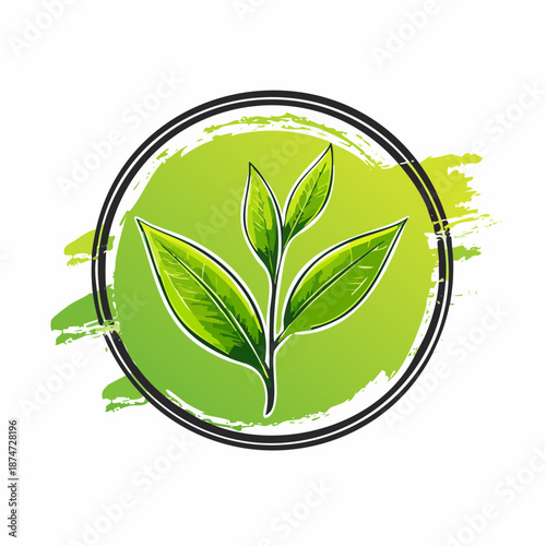 Stylized green tea leaves illustration with vibrant brush strokes inside a circular frame, representing nature's freshness and organic produce