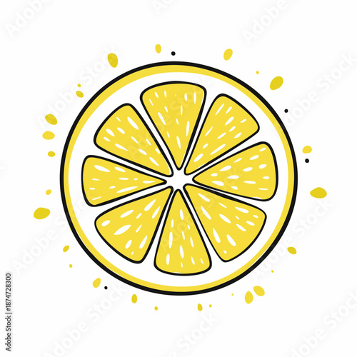 Vibrant and zesty hand-drawn lemon slice illustration with playful splatters, perfect for refreshing designs, food concepts, or cheerful summer themes