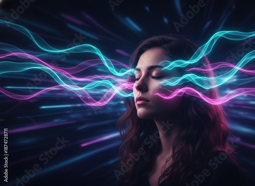 A captivating image of a woman with her eyes closed, emanating energy and tranquility, showcasing the boundless capabilities of the human mind. 