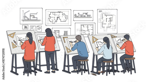 Architecture students drawing blueprints in studio