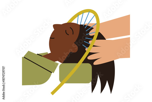 African American girl in head spa. Water halo and massage. Hair washing and scalp treatment. Japanese rejuvenating  and relazation ritual. Self-care and wellness  routine.