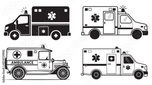 Professional medical ambulance vehicle collection featuring emergency transport van and vintage rescue truck for healthcare logistics business and hospital facility management.