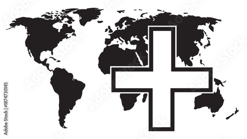 International medical cross and world map concept for global healthcare networks and humanitarian aid pharmaceutical trade business service branding resources.
