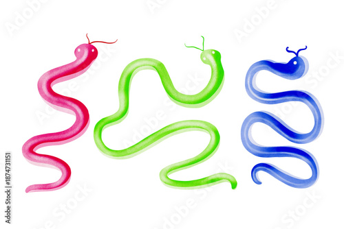 Set of abstract bright reptiles and snakes. Vector graphics.