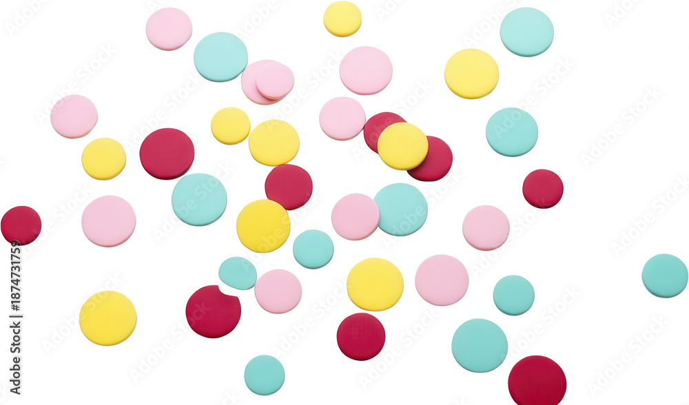 Fototapeta premium A scattered collection of colorful circular discs in pastel pink yellow and teal hues confetti circle round dot celebration party birthday festive cheerful transparent background