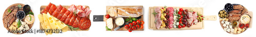 Fotografie Different appetizers served on wooden boards isolated on white, set