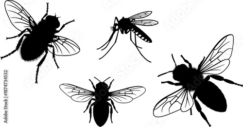 Insect silhouettes collection, fly mosquito bee species, winged bug icon, vector illustration, nature art, entomology design, wildlife fauna, pest control graphic See Less
