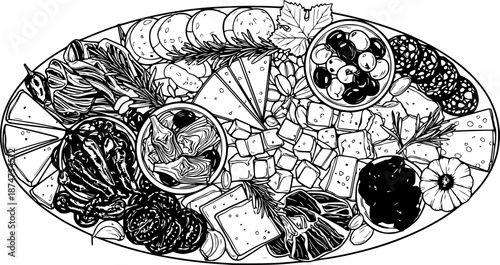 vector illustration of charcuterie board with cheese, appetizer, ham, olives, restaurant, tapas, spanish food

