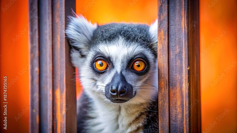 Obraz premium A lemur peeking out from behind a vertical orange bar