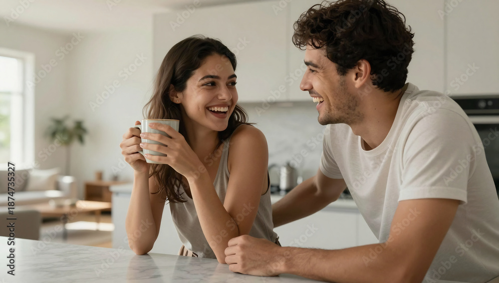 Fototapeta premium Young Couple Sharing Morning Coffee in Sunlit Modern Kitchen