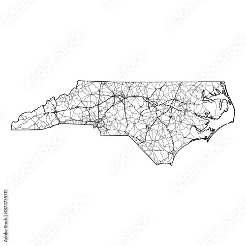 North Carolina State Map Road Network Vector SVG Black Lines Wireframe Transparent Background Isolated Minimalist Cartography