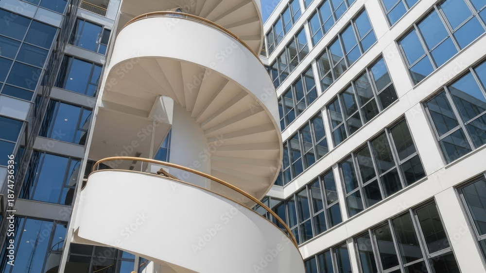 Obraz premium Modern office building with sleek spiral staircase and glass facade