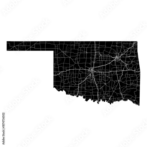 Oklahoma State Map Road Network Vector SVG Black Silhouette White Highway Lines Transparent Background Isolated Minimalist Cartography