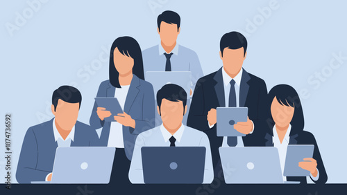 Professional Business Team Working with Laptops and Tablets in Modern Office Illustration