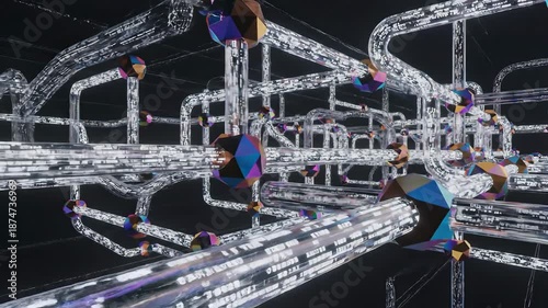 Abstract Digital Network with Glowing Data Streams and Colorful Geometric Shapes Representing Advanced Technology and Interconnected Systems.