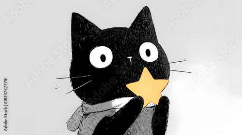 Starry-Eyed Feline: An adorable animated black cat, with wide eyes and a star in its paws, conveys innocence and wonder, surrounded by a minimalist, dreamlike ambiance.