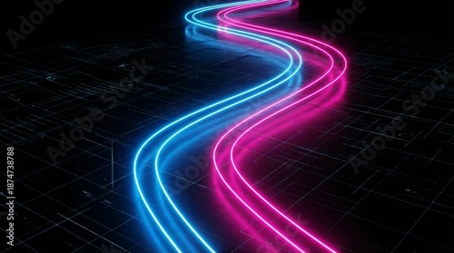 Vibrant neon lights trail in futuristic grid background