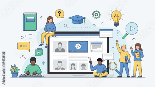 A colorful illustration depicting people learning and interacting with digital technology