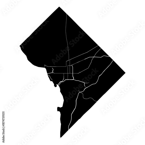 District of Columbia State Map Road Network Vector SVG Black Silhouette White Highway Lines Transparent Background Isolated Minimalist Cartography