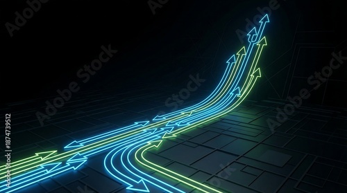 Vibrant neon arrows ascending in dynamic motion on dark background