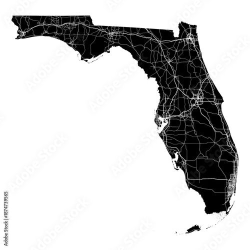 Florida State Map Road Network Vector SVG Black Silhouette White Highway Lines Transparent Background Isolated Minimalist Cartography