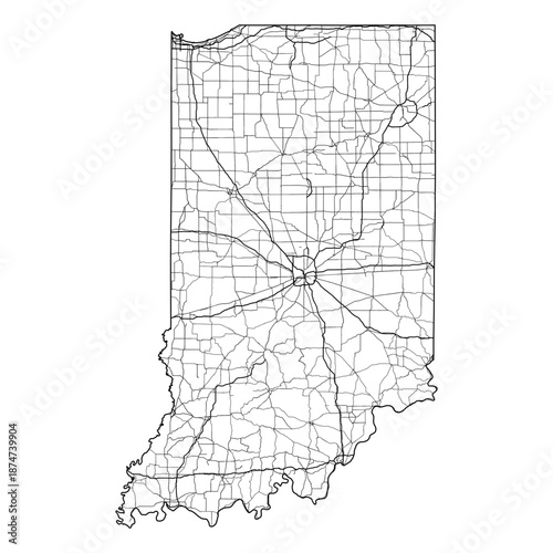 Indiana State Map Road Network Vector SVG Black Lines Wireframe Transparent Background Isolated Minimalist Cartography