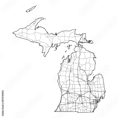Michigan State Map Road Network Vector SVG Black Lines Wireframe Transparent Background Isolated Minimalist Cartography