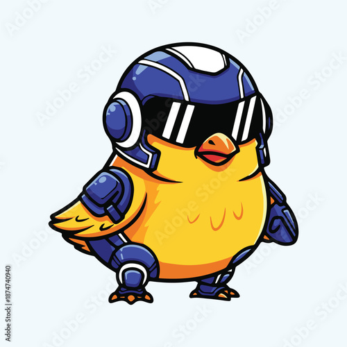 Whimsical yellow bird character in futuristic blue armor and sleek visor, a charming and brave avian mascot ready for digital adventures and playful missions