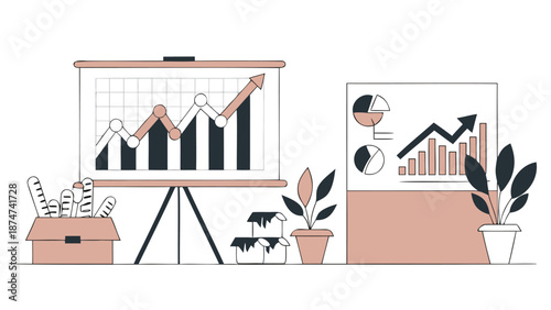 Minimalist 3d growth strategy presentation with upward trending graphs and charts on easel and wall