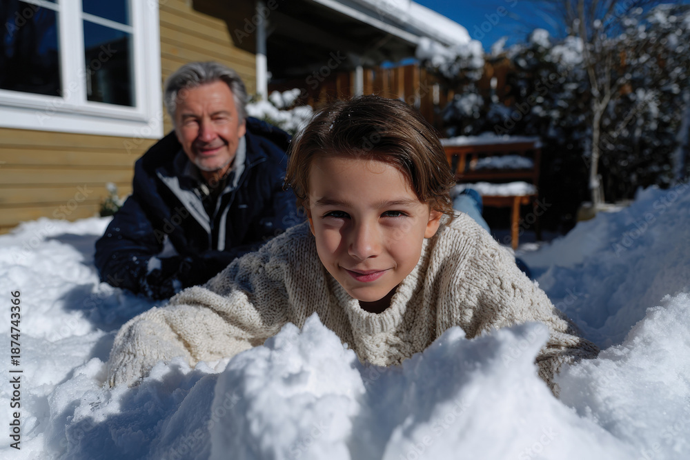 Fototapeta premium A young boy and his grandfather share a playful moment in the snow, highlighting the warmth of family relationships and joyful interactions during a delightful winter day outdoors.