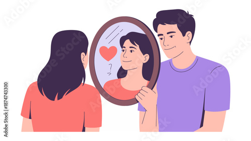 Self-love Reflection: A person gazing at a mirror, a reflection showing self-love, acceptance, and a joyful heart, accompanied by a supportive companion.