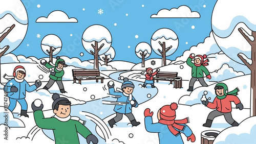 Children playing outside in snow on a winter day throwing snowballs in a park with trees and benches with winter scene and snowball