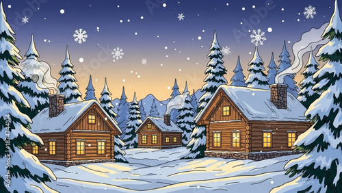 A serene winter wonderland scene with snow covered log cabins and trees under a starry night sky with falling snowflakes with serene scene