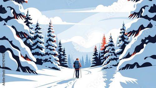 A lone skier wearing a backpack treks through a serene snow covered forest landscape with evergreen trees under a cloudy blue sky with path
