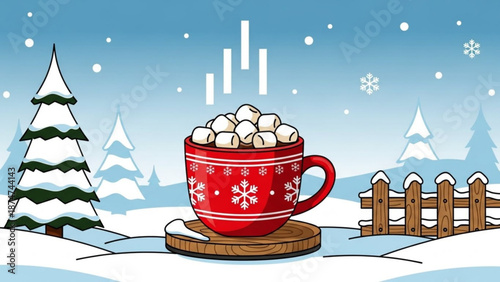 A festive red mug filled with marshmallows sits on a wooden coaster in a snowy winter scene with snow covered trees and a wooden with cozy