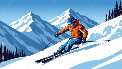 Skier in orange jacket skiing down snowy mountain slope with snow capped peaks and evergreen trees in background with winter sports