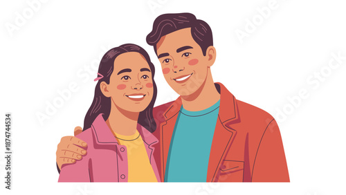 Young Couple's Serene Embrace: A smiling couple, standing in close embrace, radiates warmth and affection, capturing a moment of happiness and shared connection.