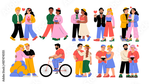 Love in diverse relationship: A vibrant illustration showcasing love in diverse relationships and couples of various ethnicities and orientations, celebrating inclusivity and affection.