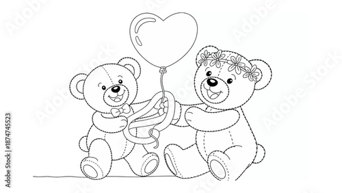 Cuddly Bears Share Heart Balloon: Two adorable teddy bears, filled with warmth and affection, hold a heart-shaped balloon, a symbol of shared love and happiness.