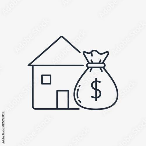 House and Money Bag Icon. Real Estate Investment, Property Finance, Mortgage Loan, and Home Savings Concept. Minimalist Line Art Vector.
