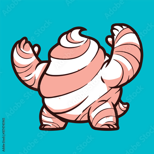 Cartoonish, adorable, and whimsical character with a creamy, swirled body and muscular arms, standing proudly on a solid cyan background with a hint of a playful spirit
