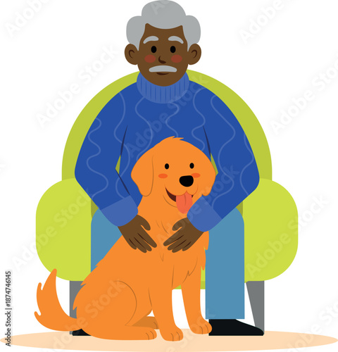 Señor mayor abrazando a su mascota en casa