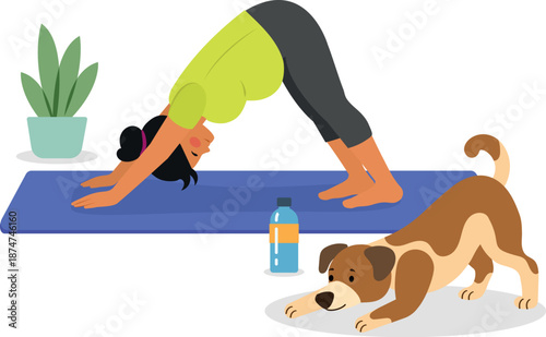 Mujer plus size en postura de yoga acompañada de su perro